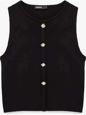 Çiçek Düğme Detaylı Bisiklet Yaka Triko Yelek