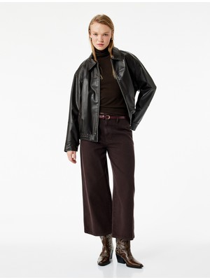 Pamuklu Geniş Paça Kemerli Crop Pantolon - Wide Leg Jeans