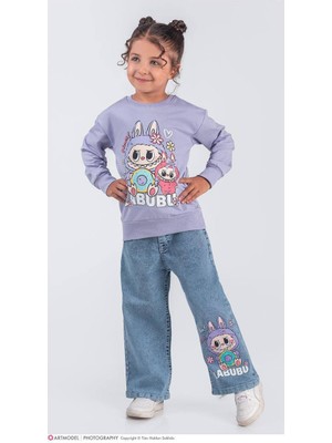 Pjk2ikt Labubu Desenli 2 Ip %100 Pamuk Kız Çocuk Kot Pantolonlu Takımı 3-10 Yaş 8225