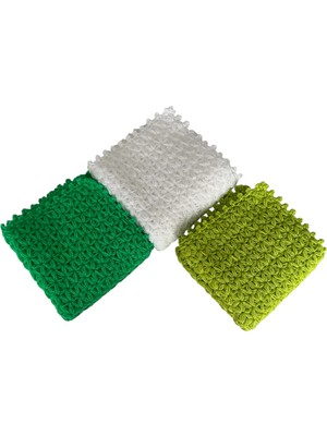 Pafuli El Örgüsü Yıldız Modelli Kare 3'lü Banyo Lifi Soluk Yeşil & Beyaz & Fosforlu Yeşil