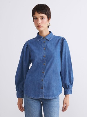 Balon Kollu Kadın Jean Gömlek  (W5)