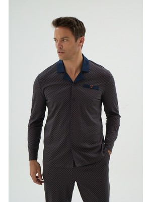 Erkek Uzun Kol Önden Düğmeli Kahve Pijama Takımı C9T3N69