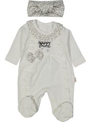 Kız Bebek Ekru Kalp Desenli Happy Yazılı Fiyonklu Bandanalı Tulum - 1013667
