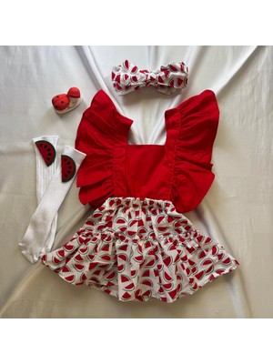 Kız Bebek Karpuz Desenli Salopet Bandana ve Keçeli Çorap 3'lü Set