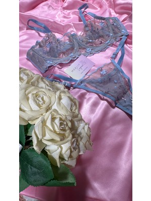 Merlif Lingerie Mavi Mini Çiçek Desenli Bralette Balenli Sütyen & Tanga Iç Çamaşır Takım Yılbaşı, yeniyıl, Seksi, Fantezi, Çeyiz