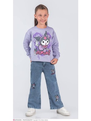 Pjk2ikt Kuromi Desenli 2 Ip %100 Pamuk Kız Çocuk Kot Pantolonlu Takımı 3-10 Yaş 8224