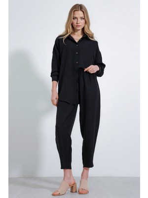 Hiccup Kadın BDART Keten Karışımlı Uzun Kollu Gömlek ve Pantolon Takım Siyah