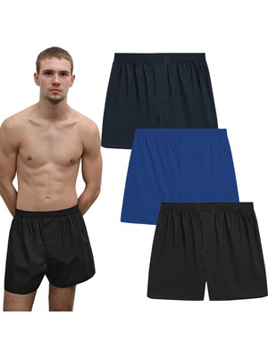 Erkek Pamuklu Poplin Boxer, Üçlü Paket, Siyah-Lacivert-Mavi, Xlarge
