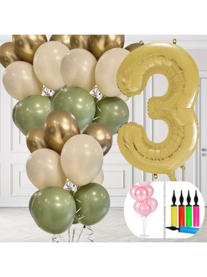3 Yaş Balon Standlı ve Pompalı Retro Küf Yeşili Krom Gold Kum Beji Balon Seti Gold Rakam Süsleme