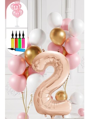 2 Yaş Balon Standlı ve Pompalı Retro Gold Pembe Beyaz Balon Seti Rose Gold Rakamlı Süsleme