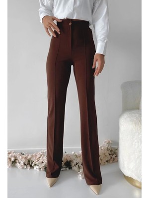 Likralı Çımalı Palazzo Krep Ithal Kahve Pantolon