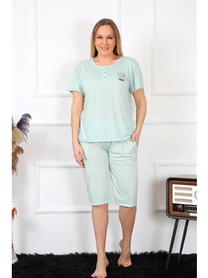 Kadın Büyük Beden Viscon Su Yeşili Kapri Pijama Takım