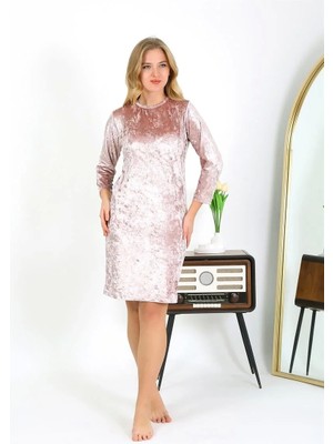 Çamaşır Kenti Kadife Ev Elbisesi Tunik Gecelik Pudra