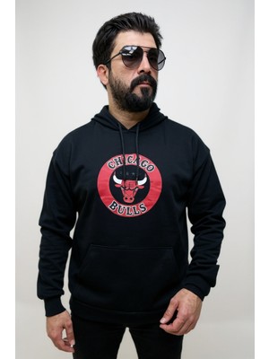 Siyah Kapşonlu Ön Baskılı Erkek Sweatshirt Oversize