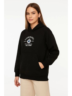 Üç Iplik Kapşonlu Ön ve Arka Baskılı Sweatshirt Hoodie- Siyah