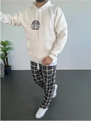 Erkek Baskılı Üç Iplik Kapüşonlu Oversize Sweatshirt - Beyaz