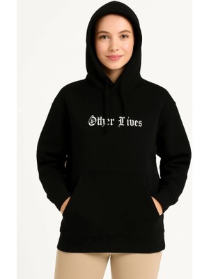Üç Iplik Kapşonlu Ön ve Arka Baskılı Sweatshirt Hoodie- Siyah