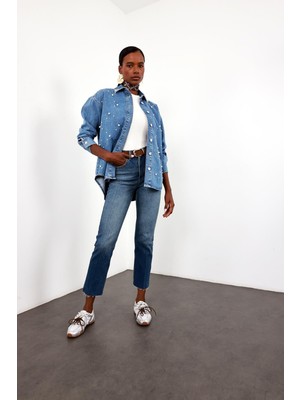 Yıkamalı Mavi Yüksek Bel Boyfit Jean