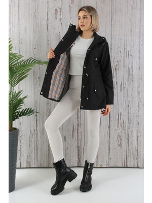 TUTveAL Collection Kadın Suya Dayanıklı Trençkot Kapüşonlu Ekoseli Vizon Trençkot Bonded Kumaş Trençkot