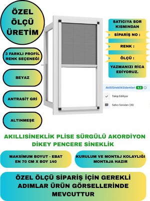 Pileli Plise Sürgülü Akordiyon Dikey Katlanır Pencere-Vasistas Sinekliği 0-70 En, 0-140 Boy