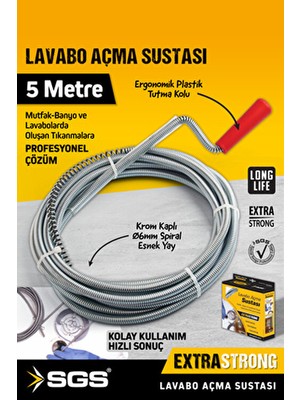 SGS972 5 Metre Lavabo Açma Sustası Lavabo Gider Boruları Açma Teli