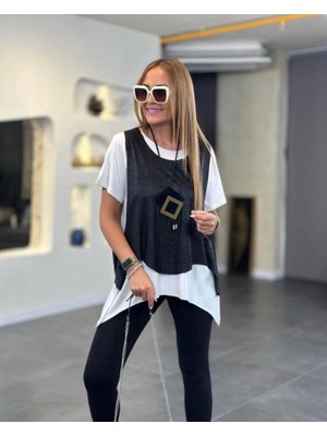 Kadın Kısa Kollu Bisiklet Yaka Yelek Bluz Asimetrik Kesim Ikili Takım
