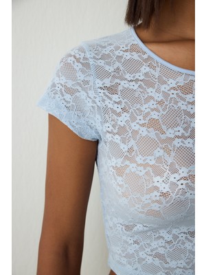 Penti Açık Mavi Bisiklet Yaka Dantelli Crop Üst