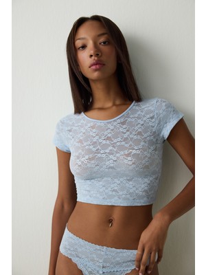 Penti Açık Mavi Bisiklet Yaka Dantelli Crop Üst