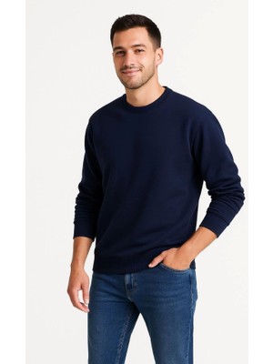 Erkek Üç Iplik Düz Bisiklet Yaka Sweatshirt - Lacivert