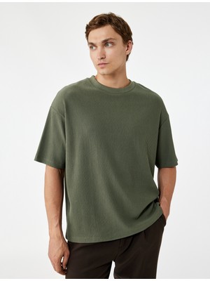 Oversize Kısa Kollu Fitilli Tok Kumaş Bisiklet Yaka Pamuklu Tişört