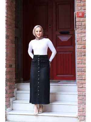 Vellichor Boydan Düğmeli Siyah Kot Tesettür Etek Maxi Uzunlukta Standart Bel Kadın