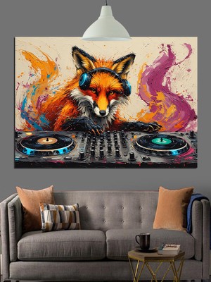Dj Setinin Başında Tilki Dekoratif Kanvas - Mdf Ahşap Tablo