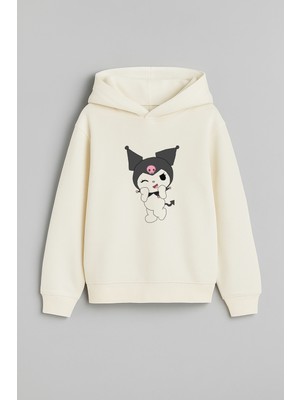 Kuromi Baskılı Ekru Kız Çocuk Kapüşonlu Sweatshirt