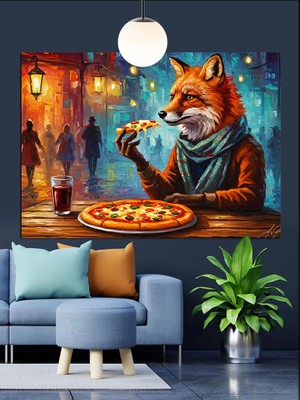 Restoranda Pizza Yiyen Tilki Dekoratif Kanvas - Mdf Ahşap Tablo