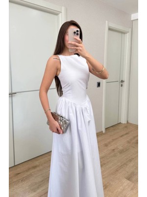 Sifir Kol Beli Oturtmalı Kolsuz Uzun Elbise - Beyaz
