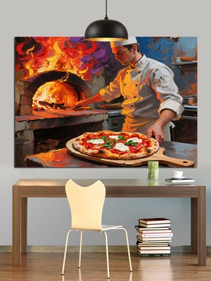 Odun Fırınında Pizza Ustası Dekoratif Kanvas - Mdf Ahşap Tablo