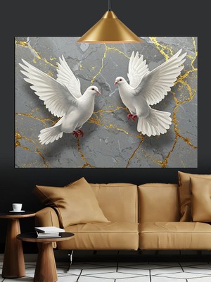 Mermer Üzerinde Beyaz Güvercinler Dekoratif Kanvas - Mdf Ahşap Tablo
