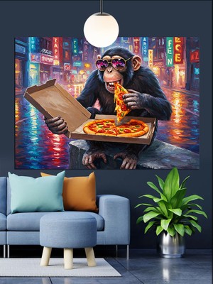 Pizza Yiyen Maymun Dekoratif Kanvas - Mdf Ahşap Tablo