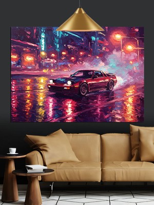 Neon Işıklı Spor Araba Dekoratif Kanvas - Mdf Ahşap Tablo