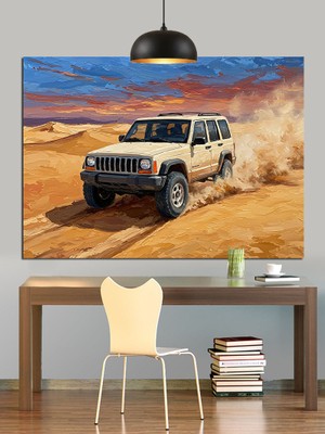 Kum Çölünde Jeep Araç Dekoratif Kanvas - Mdf Ahşap Tablo