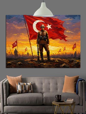 Türk Bayraklı Asker Figürü Dekoratif Kanvas - Mdf Ahşap Tablo