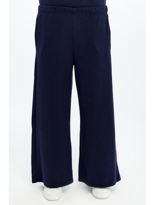 Defy's Kadın Regular Fit Normal Bel Beli Lastikli Dokulu Kumaştan Bol Paça Lacivert Pantolon