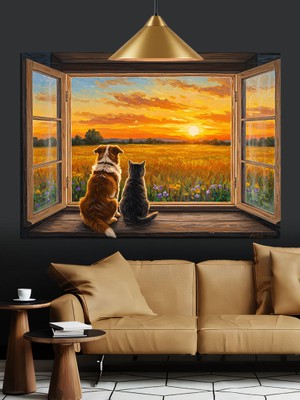 Pencereden Gün Batımı Manzarası Dekoratif Kanvas - Mdf Ahşap Tablo