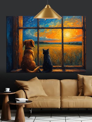 Gün Batımı Pencereden Kedi Köpek Dekoratif Kanvas - Mdf Ahşap Tablo