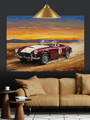 Çölde Klasik Kırmızı Araba Dekoratif Kanvas - Mdf Ahşap Tablo