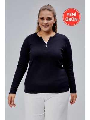 Curve Büyük Beden %100 Pamuklu Likralı Bisiklet Yaka Basic Düz Uzun Kol Siyah Bluz