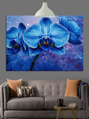 Koyu Fon Üzerinde Mavi Orkide Dekoratif Kanvas - Mdf Ahşap Tablo