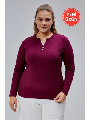 Curve Büyük Beden %100 Pamuklu Likralı Bisiklet Yaka Basic Düz Uzun Kol Mor Bluz