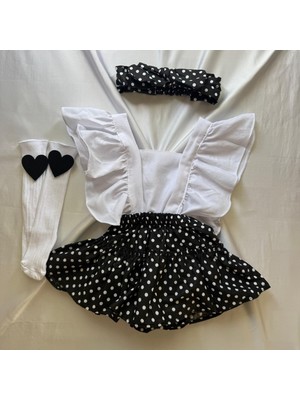 Kız Çocuk Siyah Puantiye Salopet Bandana ve Kalp Keçeli Çorap Set