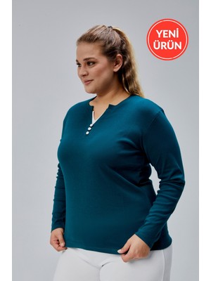 Curve Büyük Beden %100 Pamuklu Likralı Bisiklet Yaka Basic Düz Uzun Kol Yeşil Bluz